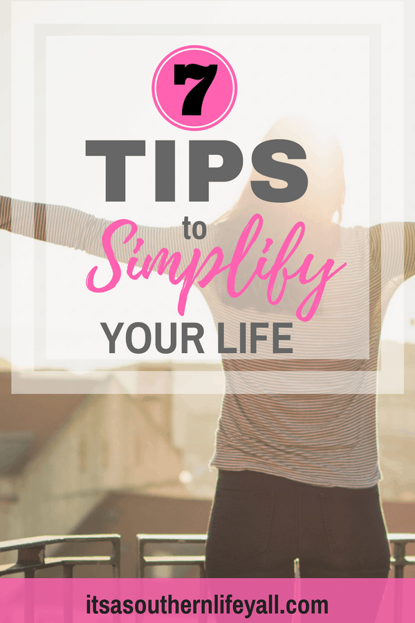 Woman with arm outstretched with 7 tips to simplify your life text overlay - Stop Using Alt Tags for Pinterest Pin Descriptions