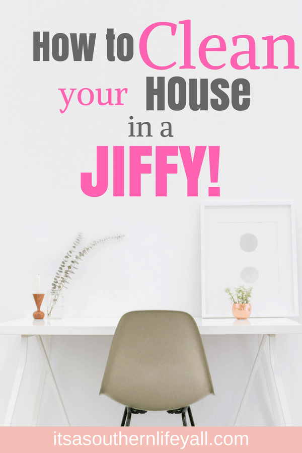 photo of clean white desk with how to clean your house in a jiffy text overlay - Stop Using Alt Tags for Pinterest Pin Descriptions