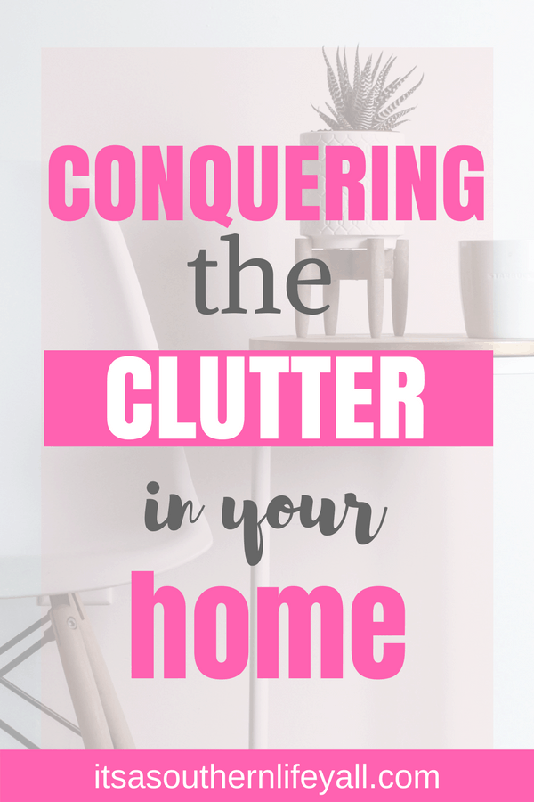 Minimal white clean room with conquering the clutter in your home text overlay. - Stop Using Alt Tags for Pinterest Pin Descriptions