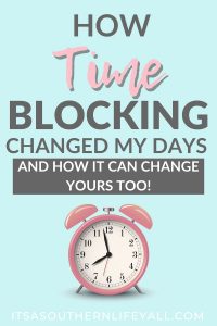 Blue background with alarm clock. Text overlay reads, "How Time blocking changed my days and how it can change yours too!"