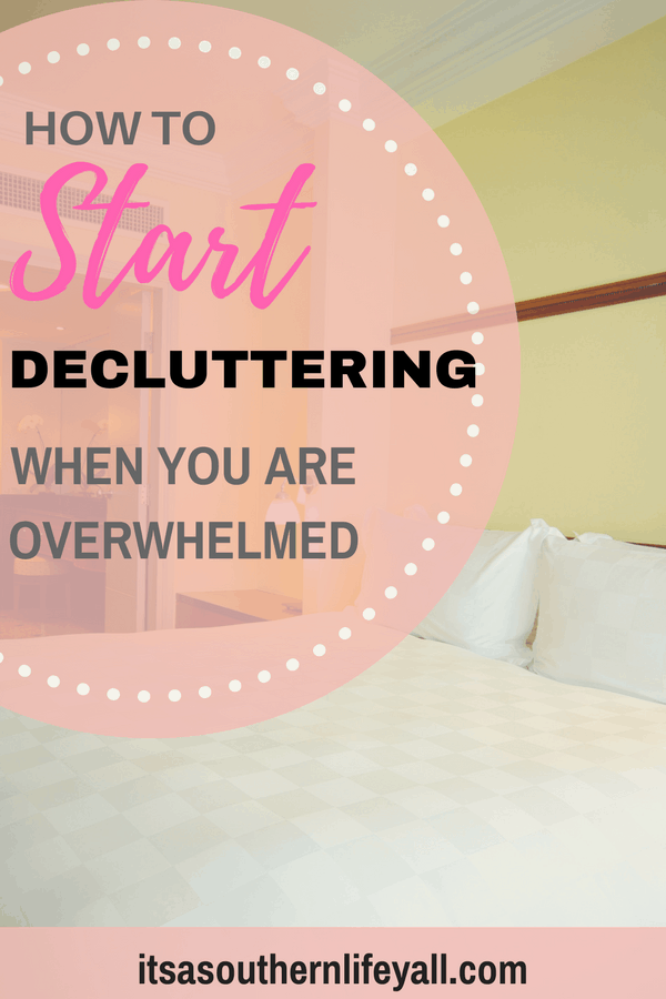 Uncluttered bedroom with how to start decluttering when you are overwhelmed text overlay - Stop Using Alt Tags for Pinterest Pin Descriptions