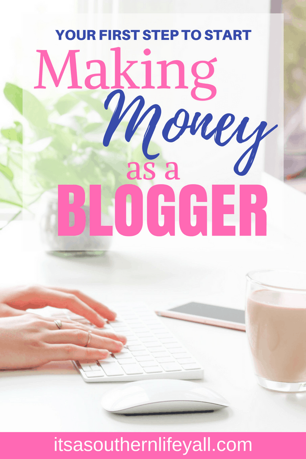 Hands typing on a keyboard with your first step to making money as a blogger text overlay - Stop Using Alt Tags for Pinterest Pin Descriptions
