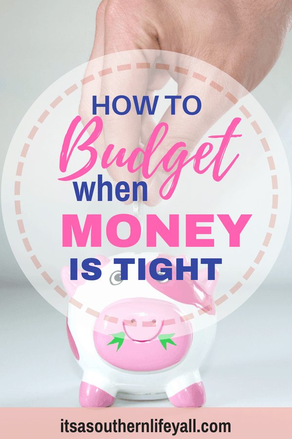 Putting money in a piggy bank with how to budget when money is tight text overlay - Stop Using Alt Tags for Pinterest Pin Descriptions