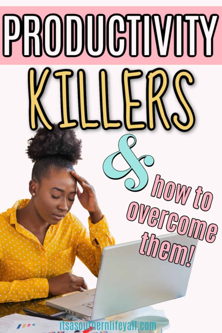 Woman looking very stressed sitting with her computer in front of her with her eyes closed and a hand at her temple. Text overlay Productivity Killers and how to overcome them.