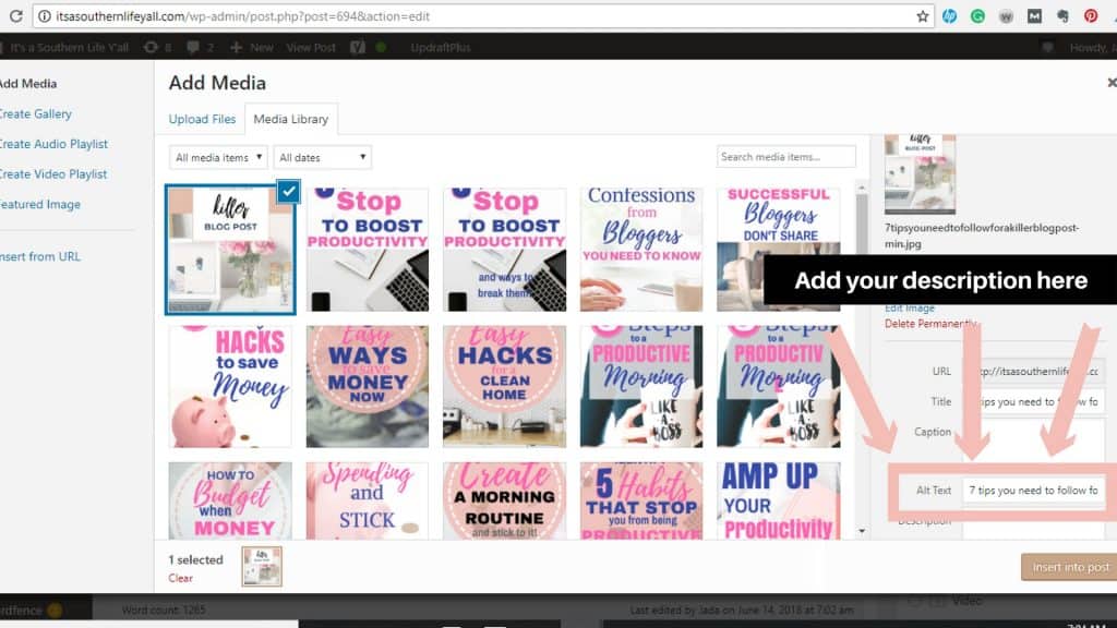 screenshot of media library showing where to add Alt Text.