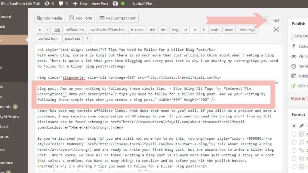 Screenshot of text editor in wordpress to show where to add pin description code.