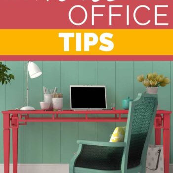 Home office tips text overlay over image of colorful desk and chair.