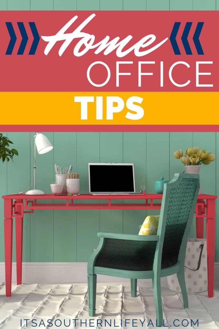 Home office tips text overlay over image of colorful desk and chair.