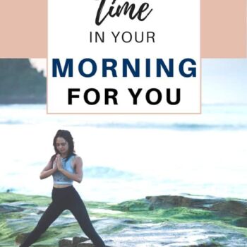 A woman practices yoga on rocky terrain by the water at sunrise. Text above her reads: How to find time in your morning for you. Website at bottom: itsasouthernlifeyall.com.