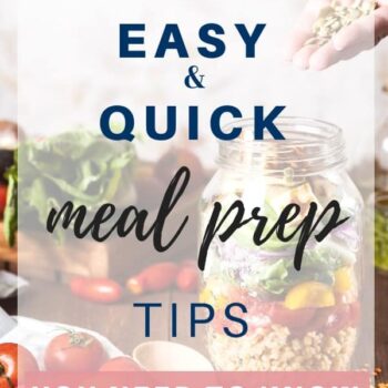 A hand adds seeds to a mason jar filled with salad ingredients, surrounded by fresh vegetables. Text overlay reads: Easy & Quick meal prep tips you need to know.