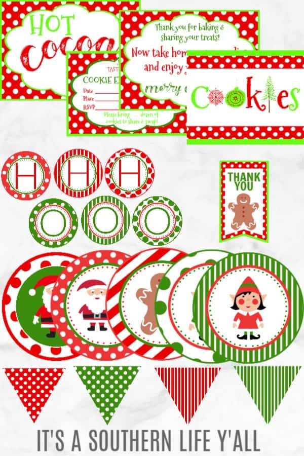 Everything you need to host a cookie exchange. A complete party package including printables, invitations, cookie card tents, banners, and so much more.