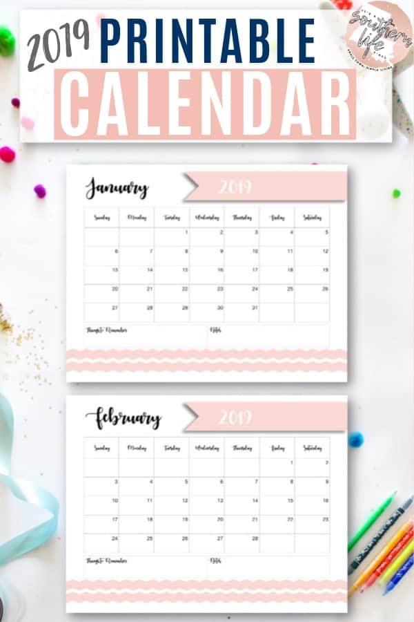 This free 2019 printable calendar can help you organize your schedule, set goals, remember birthdays and holidays, plan for the future, and so much more! #freeprintable #freeprintables #monthlycalendar #2019calendar #printablecalendar