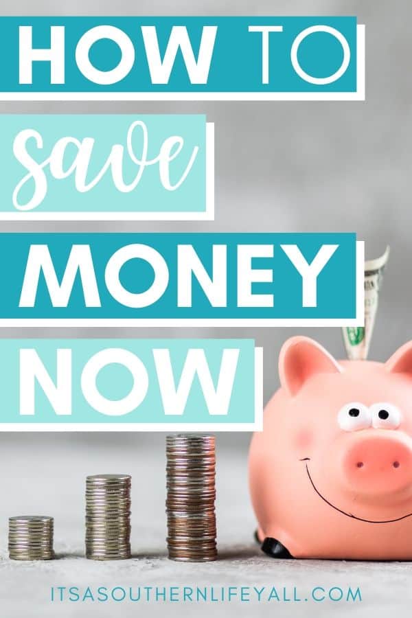 Piggy bank with stacked coins with how to save money now text overlay.