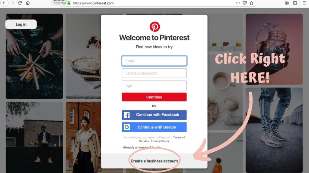 Screenshot of Pinterest homepage with text overlay showing where to click to create a Pinterest business account.