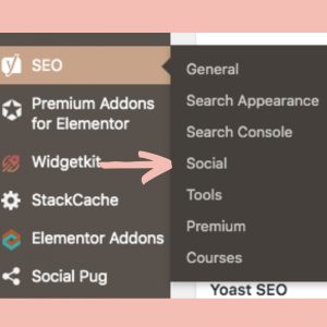 Screenshot of backend of WordPress site showing you where to click for the social tab in Yoast.