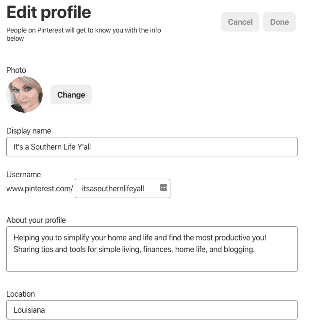Screenshot of Pinterest Business Account profile set up.