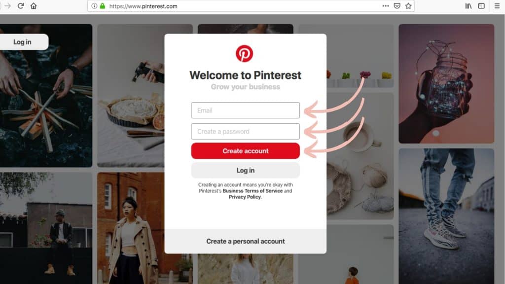 Screenshot of Welcome to Pinterest page with arrows pointing to where you enter information.