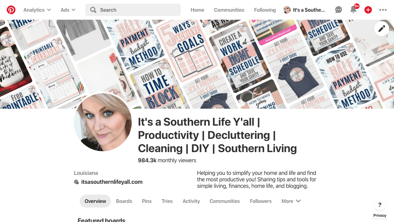 Screenshot of Pinterest Profile for It's a Southern Life Y'all