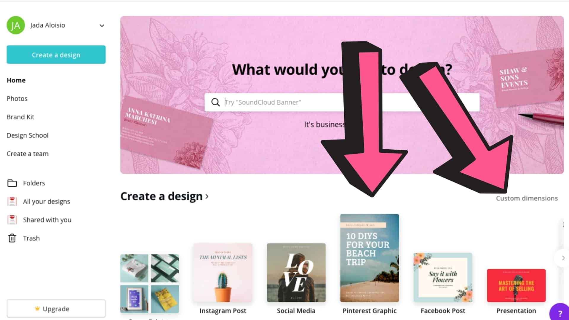 Screenshot of Canva home page showing Pinterest design layout and custom dimensions.