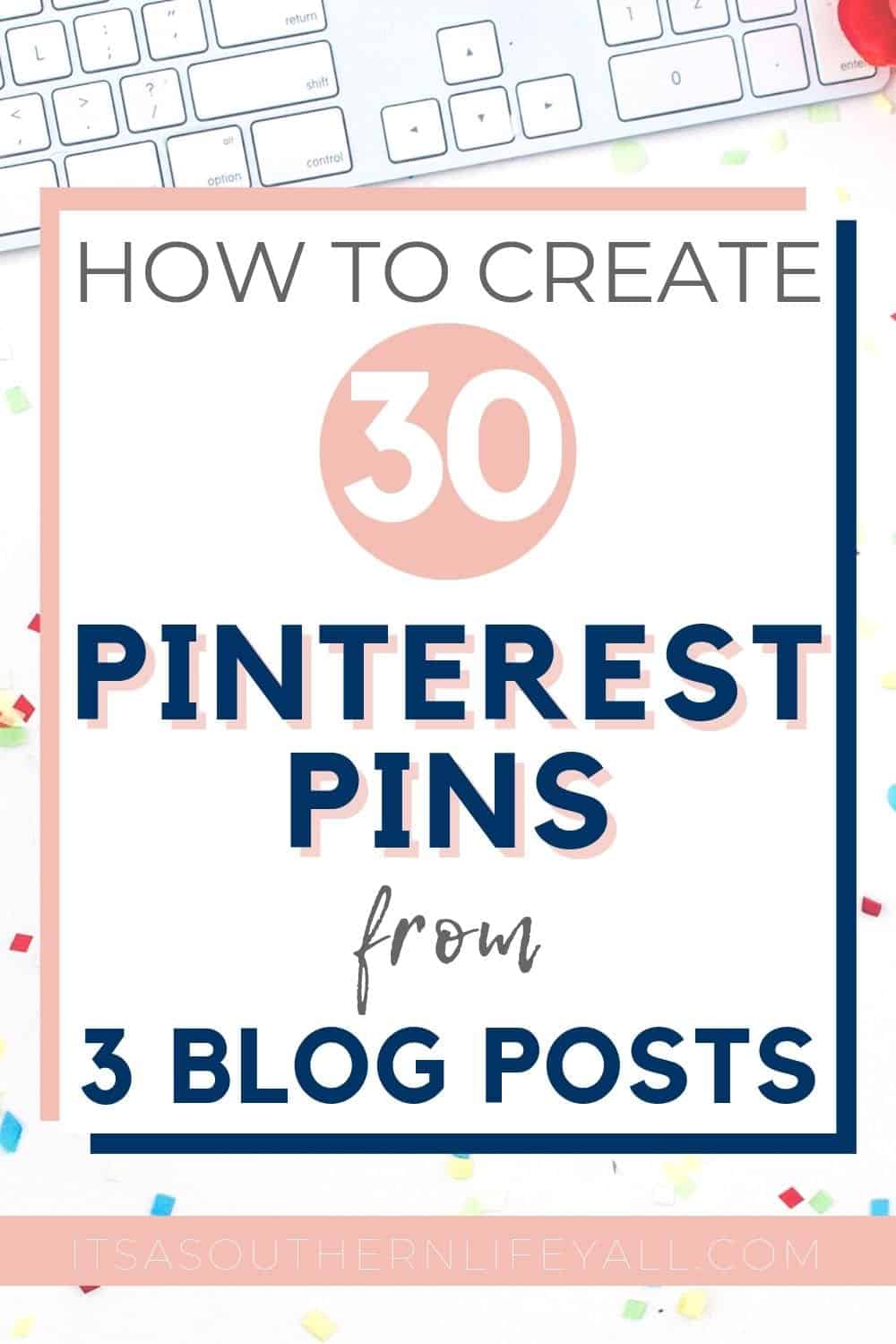 how to create 30 Pinterest Pins from 3 blog posts text overlay on image of keyboard on desk.