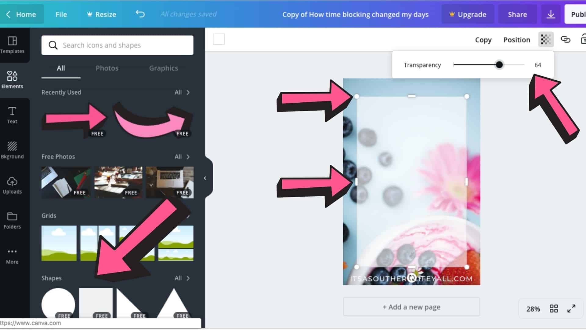 Screenshot of steps to create an overlay in Canva.