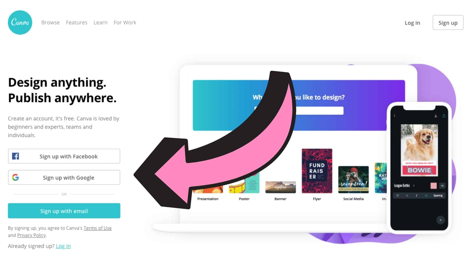 The home page of Canva with an arrow pointing to the area to sign up.