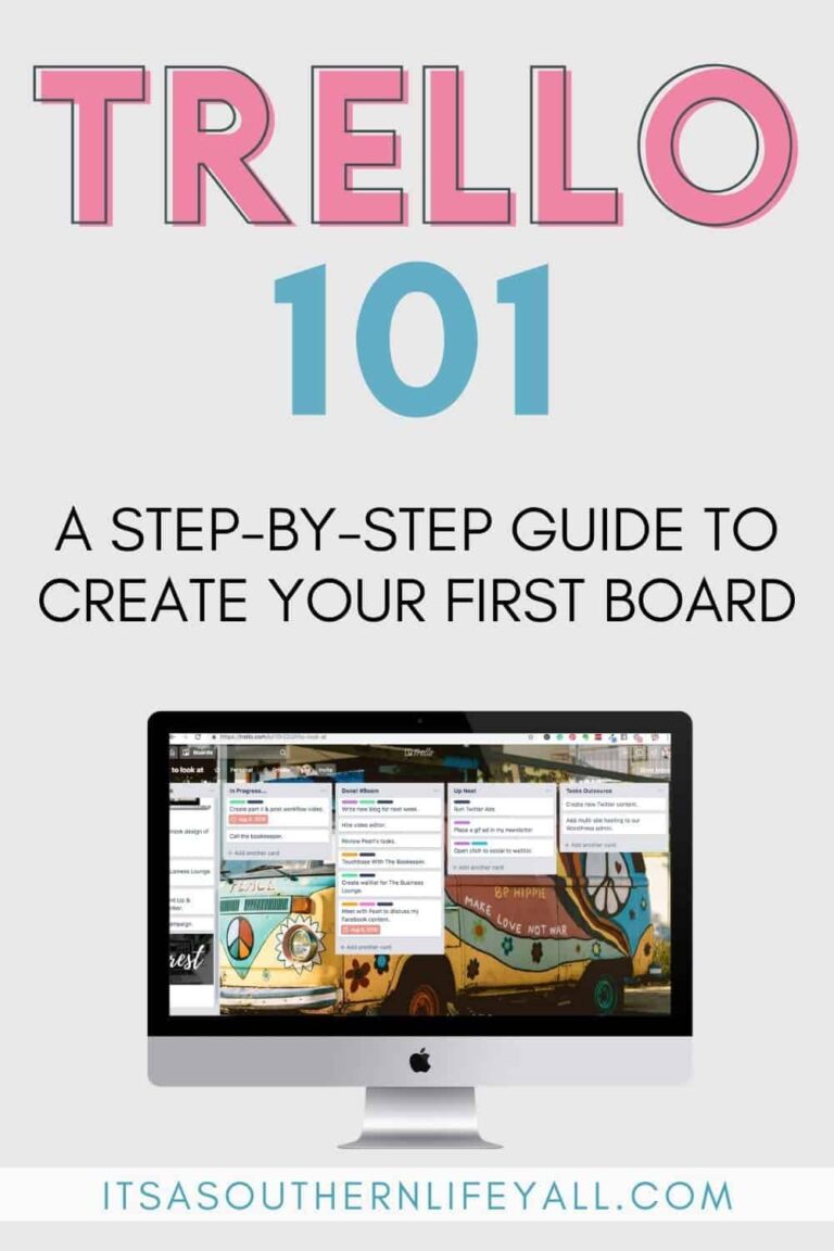 A guide titled Trello 101: A Step-by-Step Guide to Create Your First Board, featuring an iMac displaying a Trello board, with the website itsasouthernlifeyall.com at the bottom.