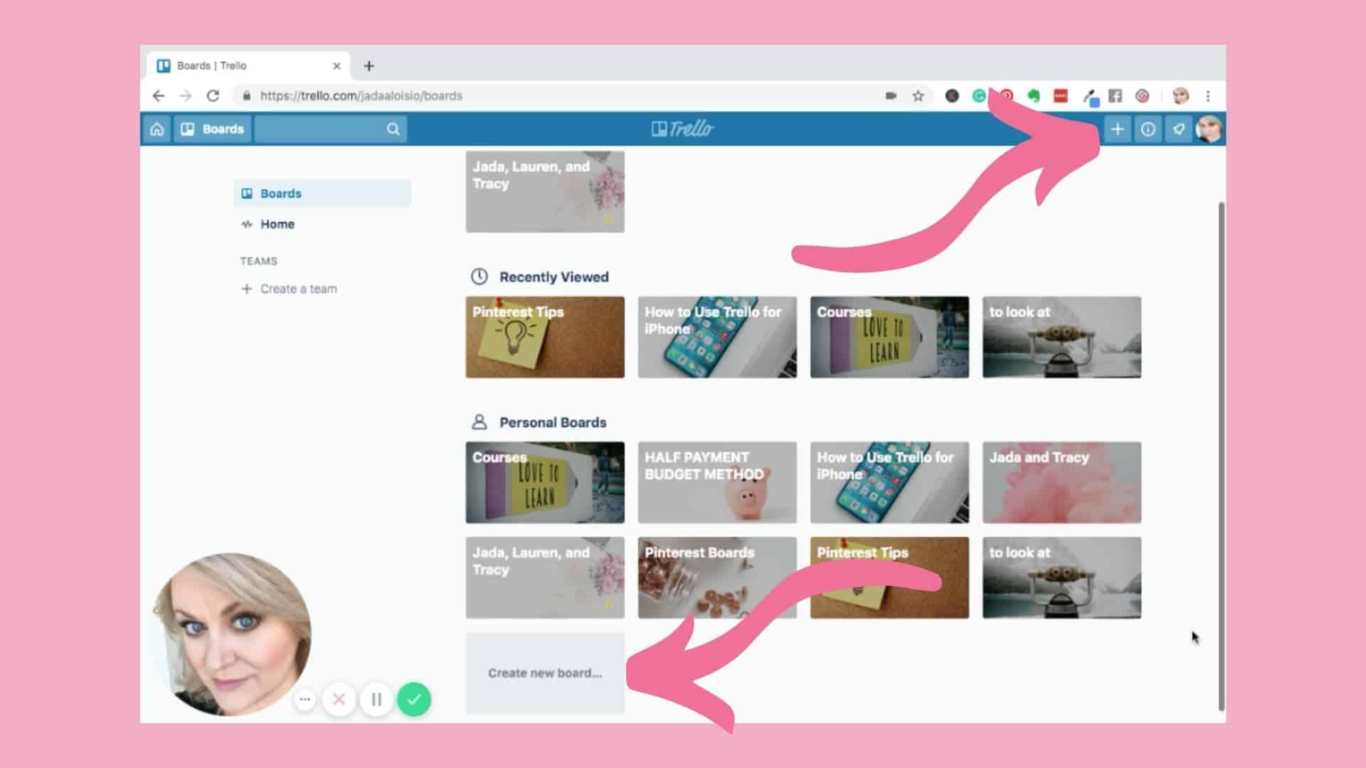 Screenshot of Trello board with arrows pointing to the 2 areas where you can click to create a new Trello board.