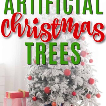 Budget friendly artificial Christmas trees text overlay on Christmas tree scene