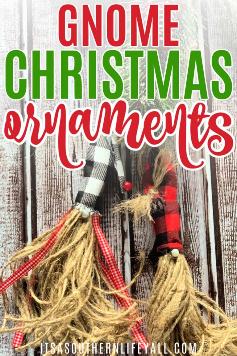 Two handmade gnome Christmas ornaments with plaid hats, twine beards, and red ribbon ties, displayed on a rustic wooden background. Text reads “Gnome Christmas Ornaments.”.