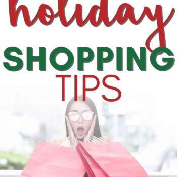 Woman holding side of face with exasperated expression and multiple shopping bags. Stress-free holiday shopping tips text overlay.