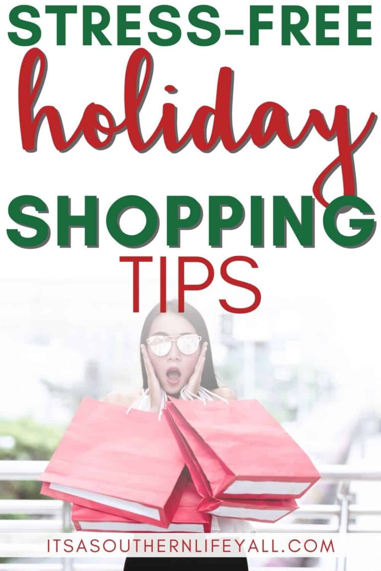 Woman holding side of face with exasperated expression and multiple shopping bags. Stress-free holiday shopping tips text overlay.