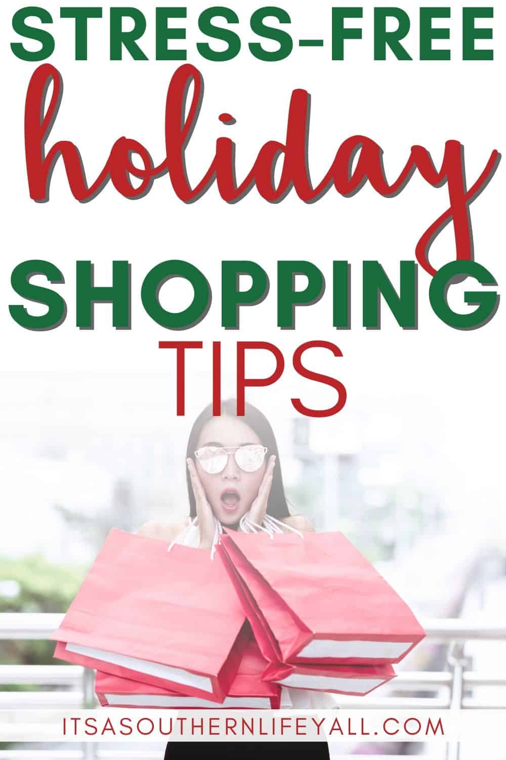 Woman holding side of face with exasperated expression and multiple shopping bags. Stress-free holiday shopping tips text overlay.