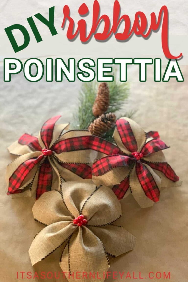 Three handmade poinsettia flowers made from burlap and red plaid ribbon are arranged on a light surface with pinecones and greenery. Text reads DIY ribbon POINSETTIA at the top and ITSASOUTHERNLIFEYALL.COM at the bottom.