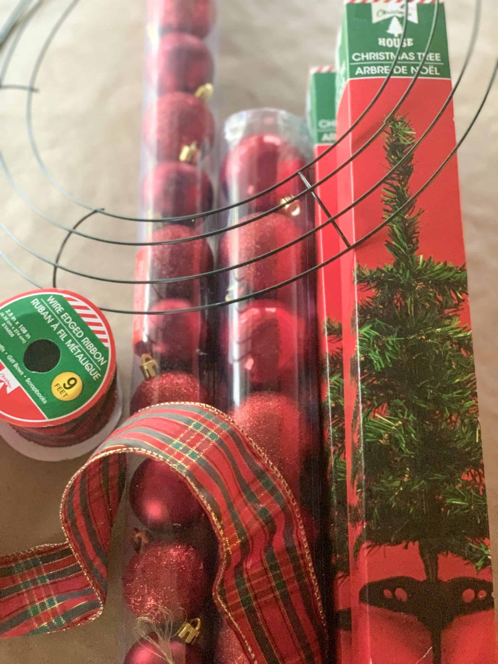 Supplies needed for Dollar Tree Christmas Wreath DIY