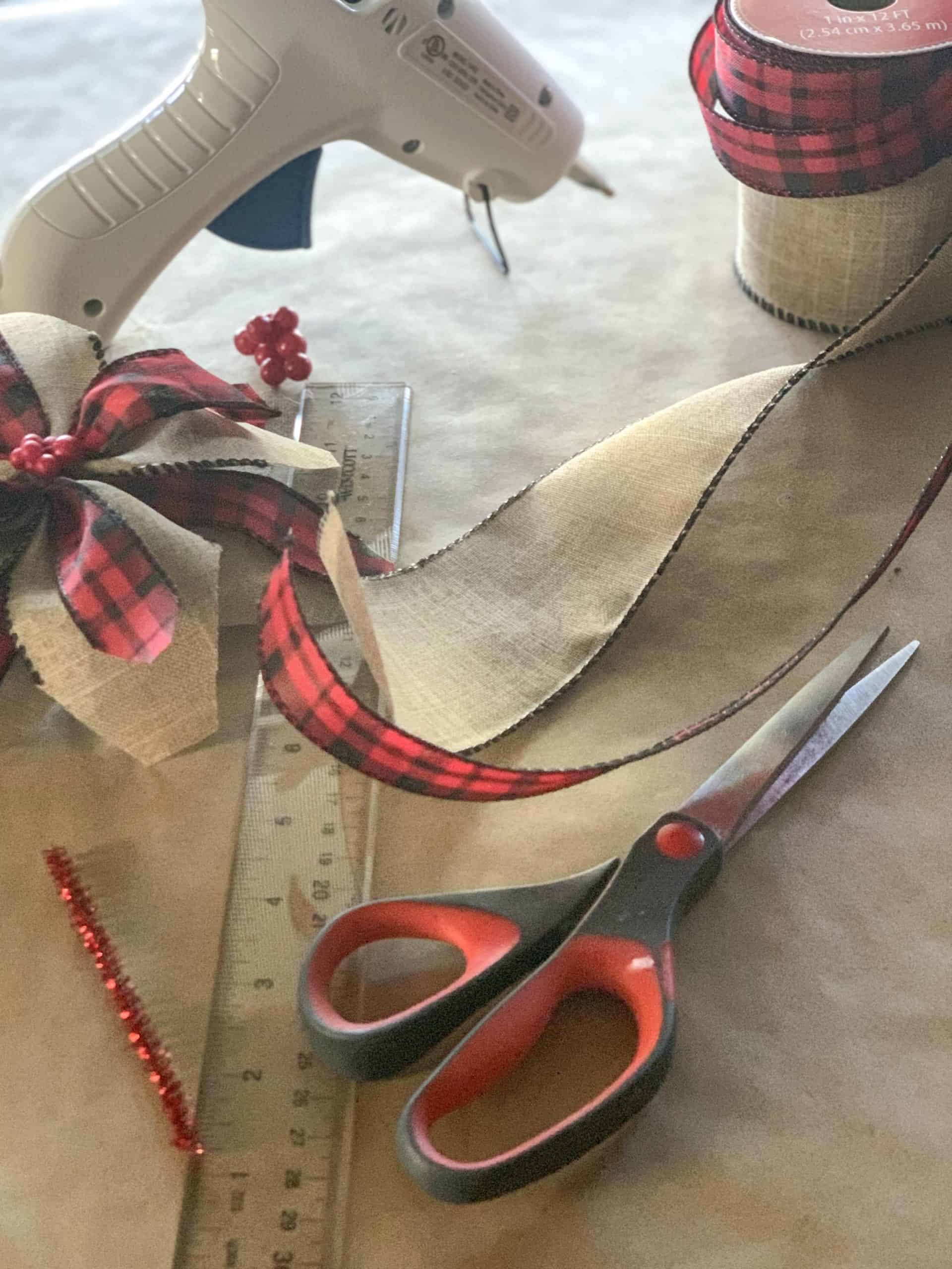 Picture of supplies needed to make a ribbon Poinsettia