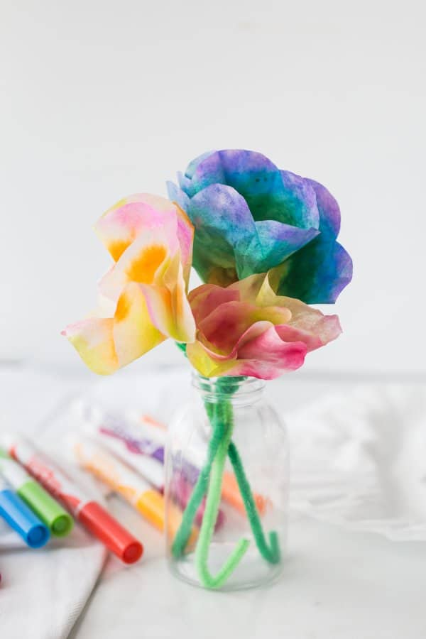 Coffee filter flower bouquet in a glass jar. 