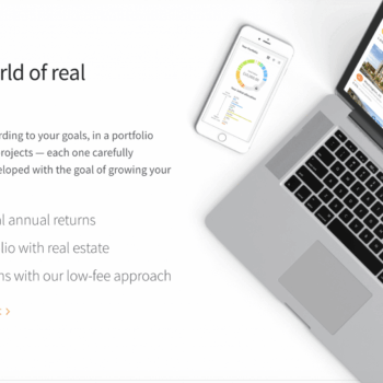 A laptop displays a real estate investment dashboard with property listings and performance charts. Text beside the laptop highlights annual returns, diversification, and low-fee investing benefits.
