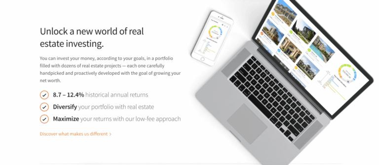 A laptop displays a real estate investment dashboard with property listings and performance charts. Text beside the laptop highlights annual returns, diversification, and low-fee investing benefits.