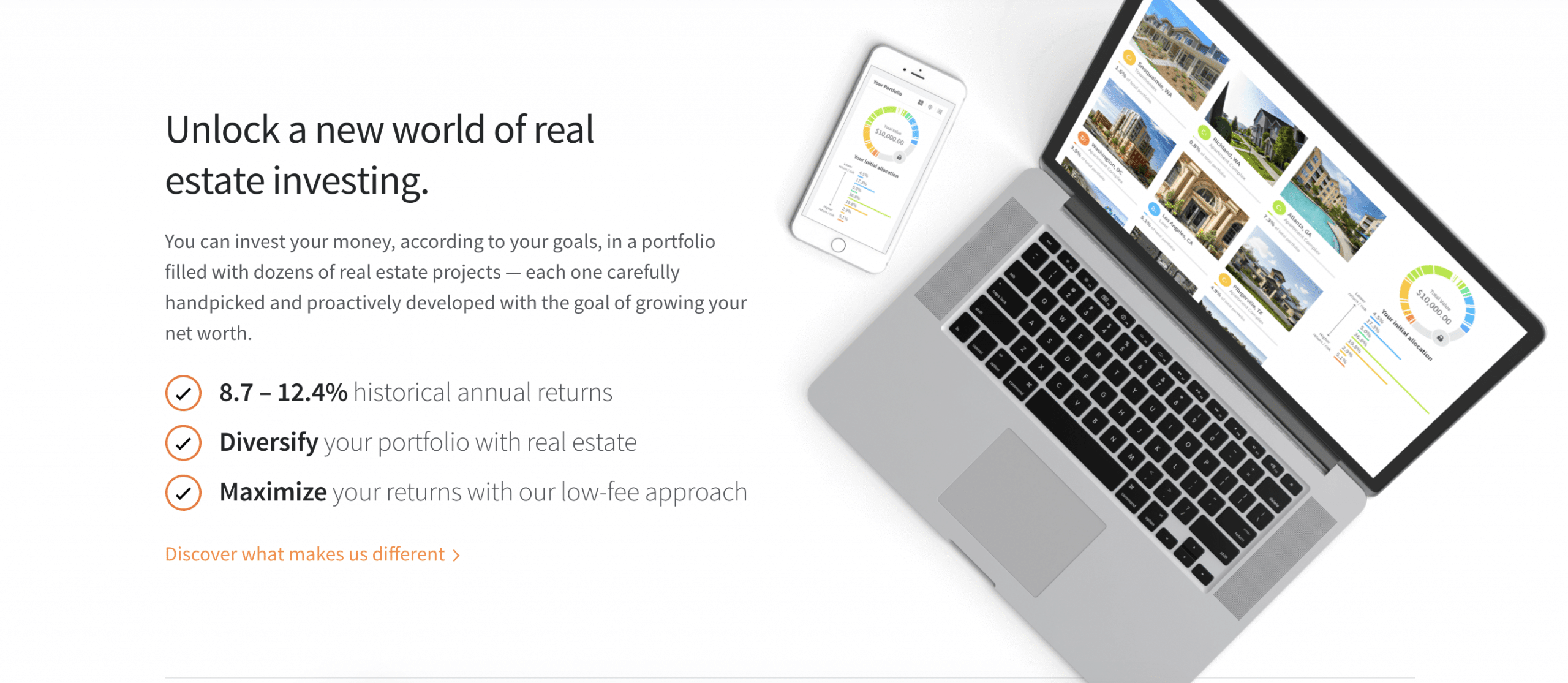 A laptop displays a real estate investment dashboard with property listings and performance charts. Text beside the laptop highlights annual returns, diversification, and low-fee investing benefits.