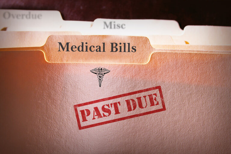 A file folder labeled Medical Bills displays a red PAST DUE stamp, with other labeled tabs like Overdue and Misc visible in the background.