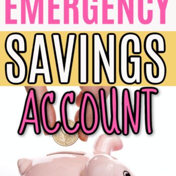 A coin being dropped into a pink piggy bank with text overlay stating What is an emergency savings account.