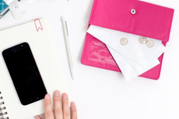 cash envelope budget system in pink wallet