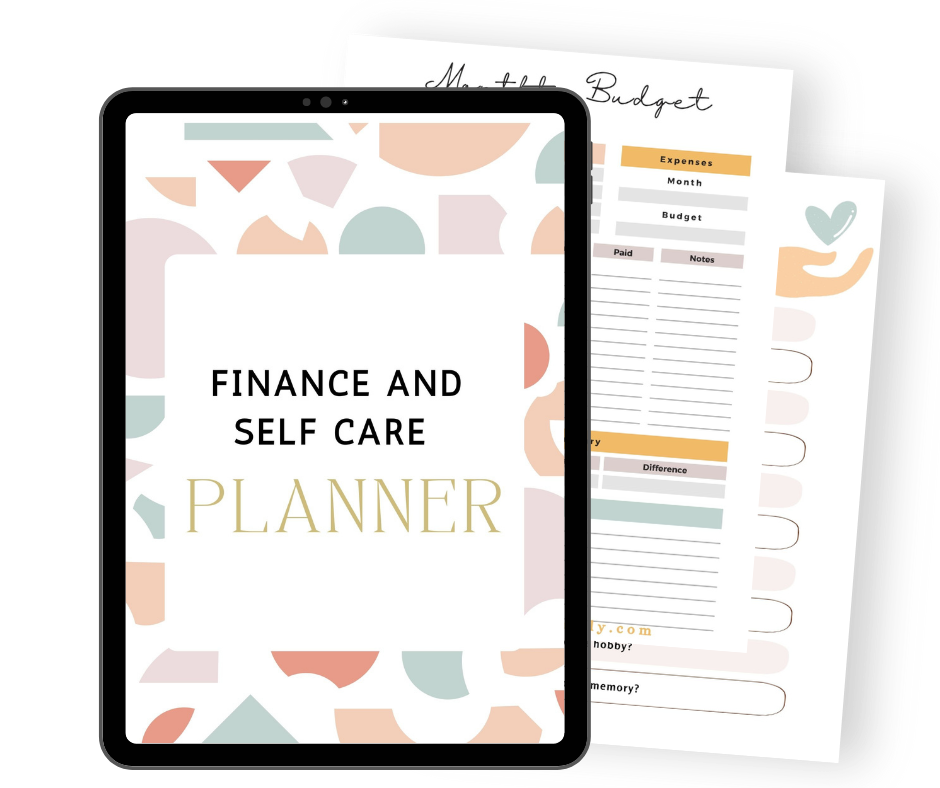 A tablet displaying a Finance and Self Care Planner cover with pastel geometric shapes, placed in front of a printed monthly budget worksheet featuring labeled sections for expenses, month, and notes.