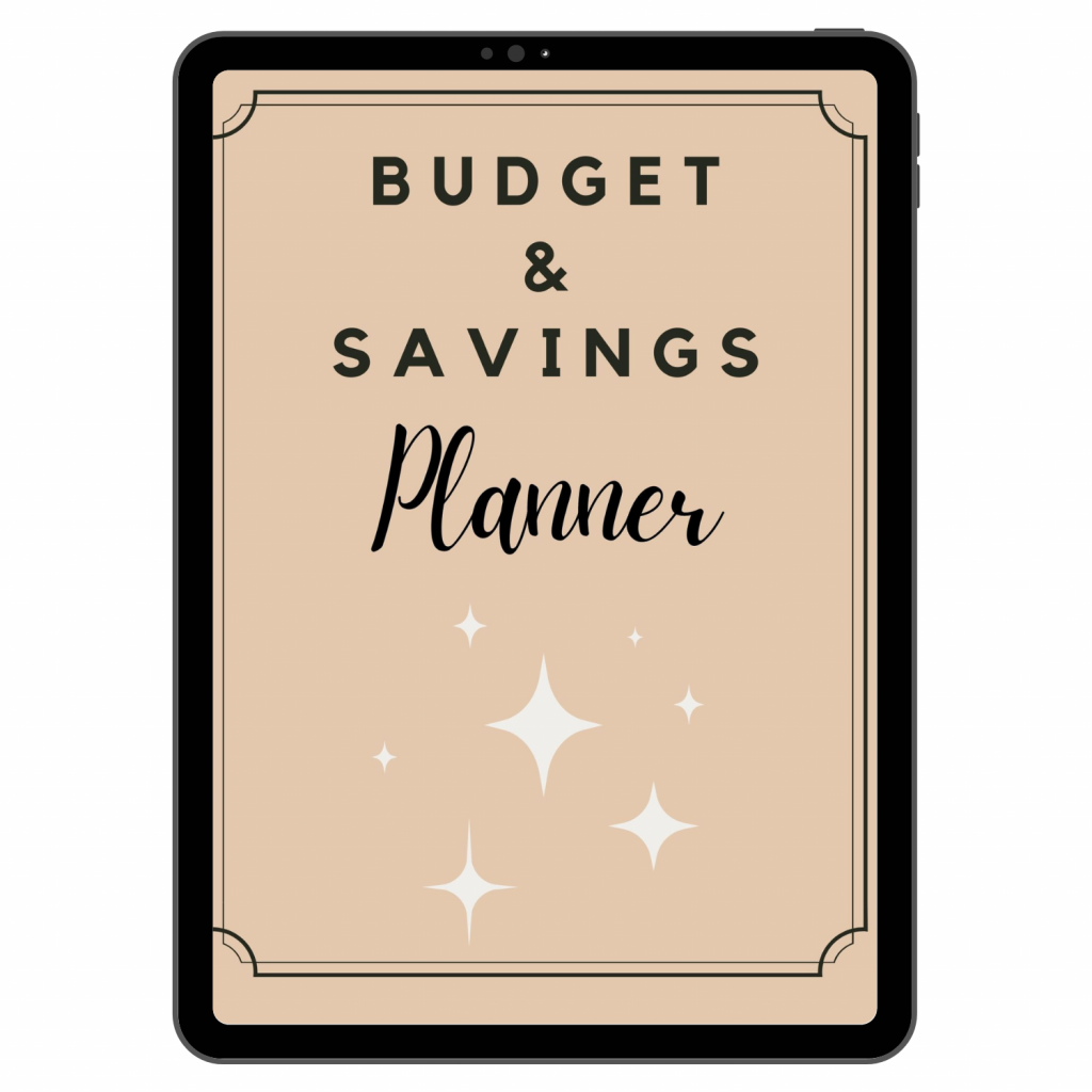 A tablet displaying a beige cover with black text that reads Budget & Savings Planner, decorated with black borders and white star-like sparkles.