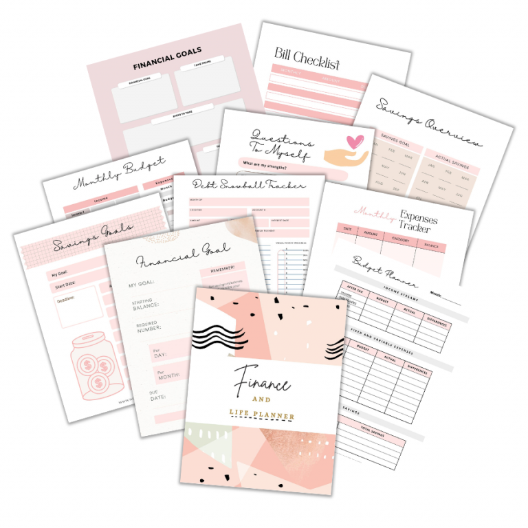 A set of pink and white finance planner printables, including pages for financial goals, bill checklist, expense tracker, savings overview, and debt tracker, displayed in a fanned arrangement.