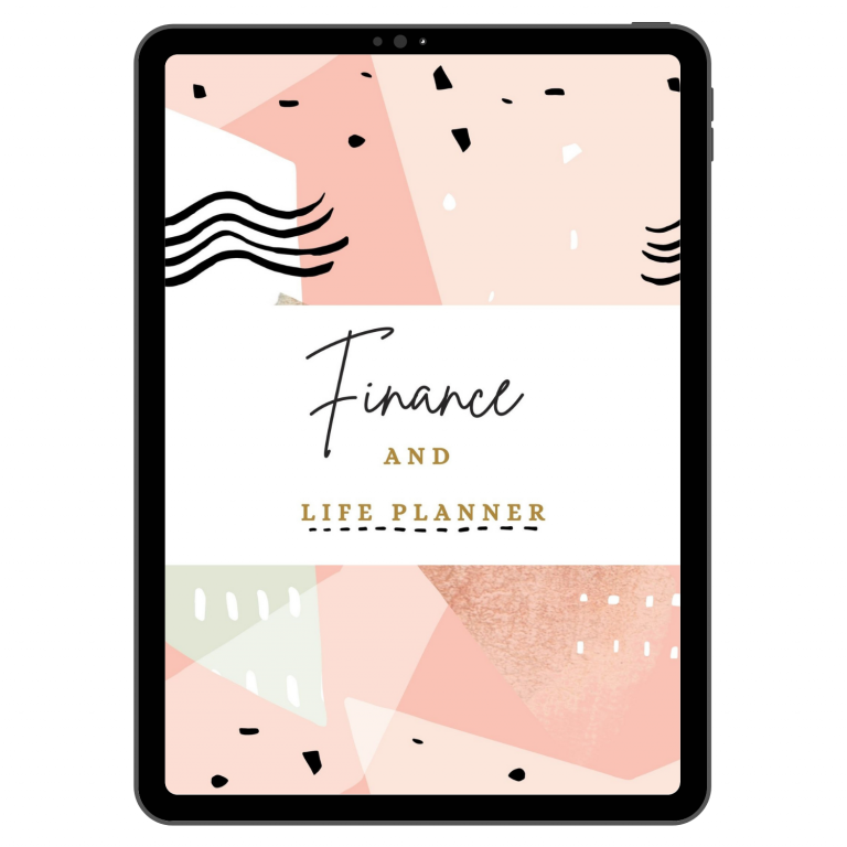 A tablet screen displays a digital Finance and Life Planner cover with abstract pastel shapes and black decorative lines. The title is written in elegant black and gold fonts.