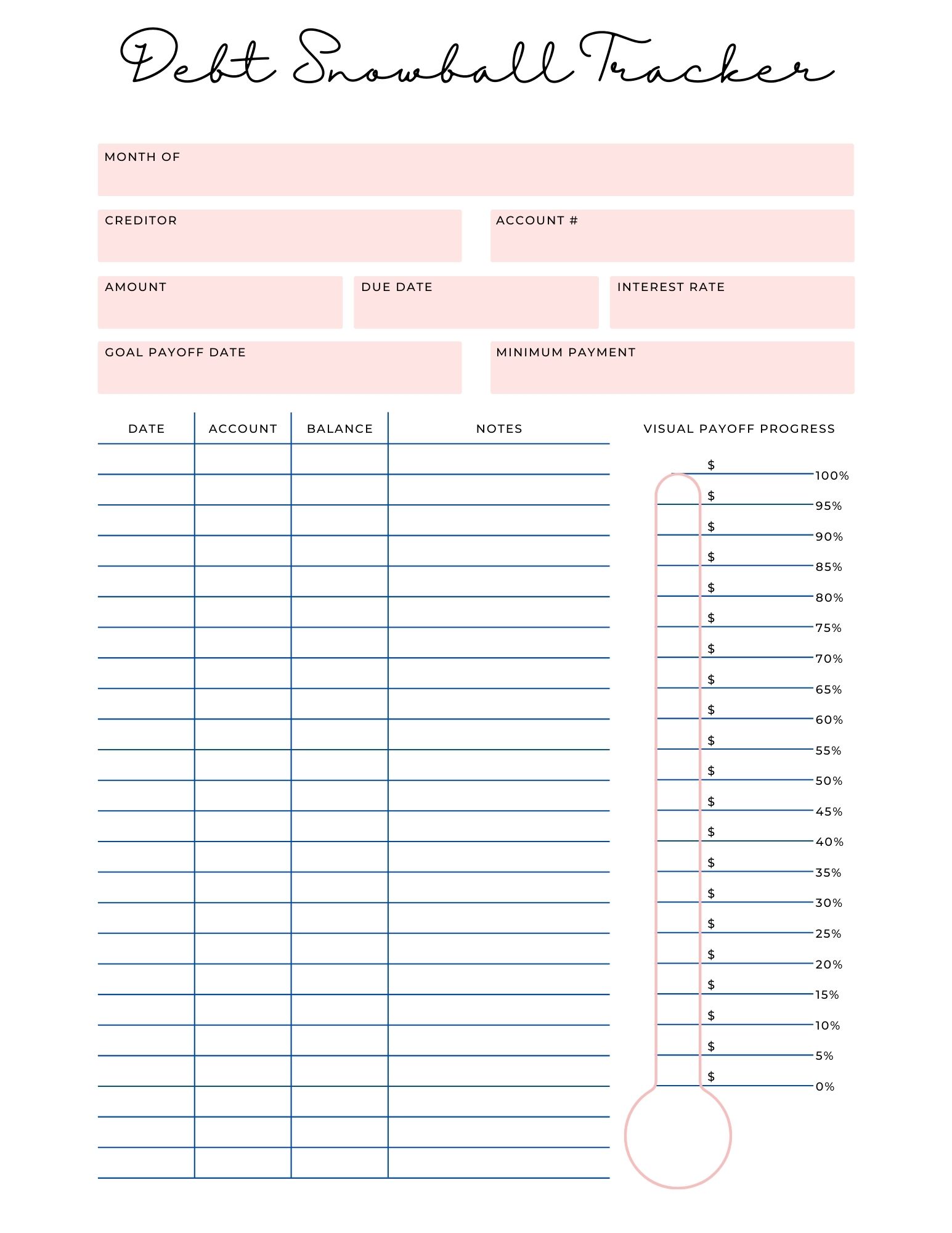 Debt Snowball Tracker worksheet with sections for month, creditor, account number, amount, due date, interest rate, goal payoff date, minimum payment, a table for debts, and a vertical progress chart from 0% to 100%.