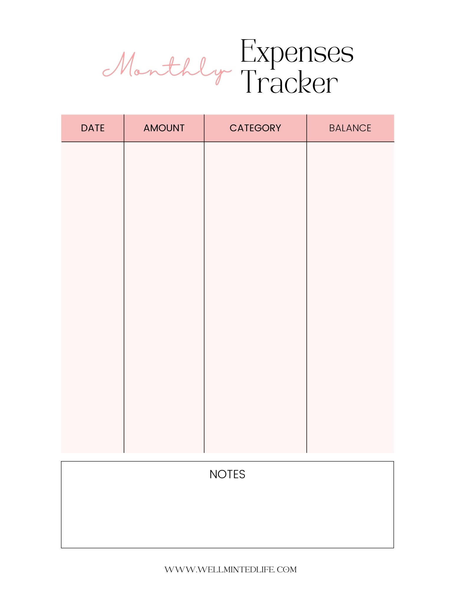A minimalist monthly expenses tracker with columns for date, amount, category, and balance, plus a section for notes at the bottom. The design uses pink and black text on a white background.