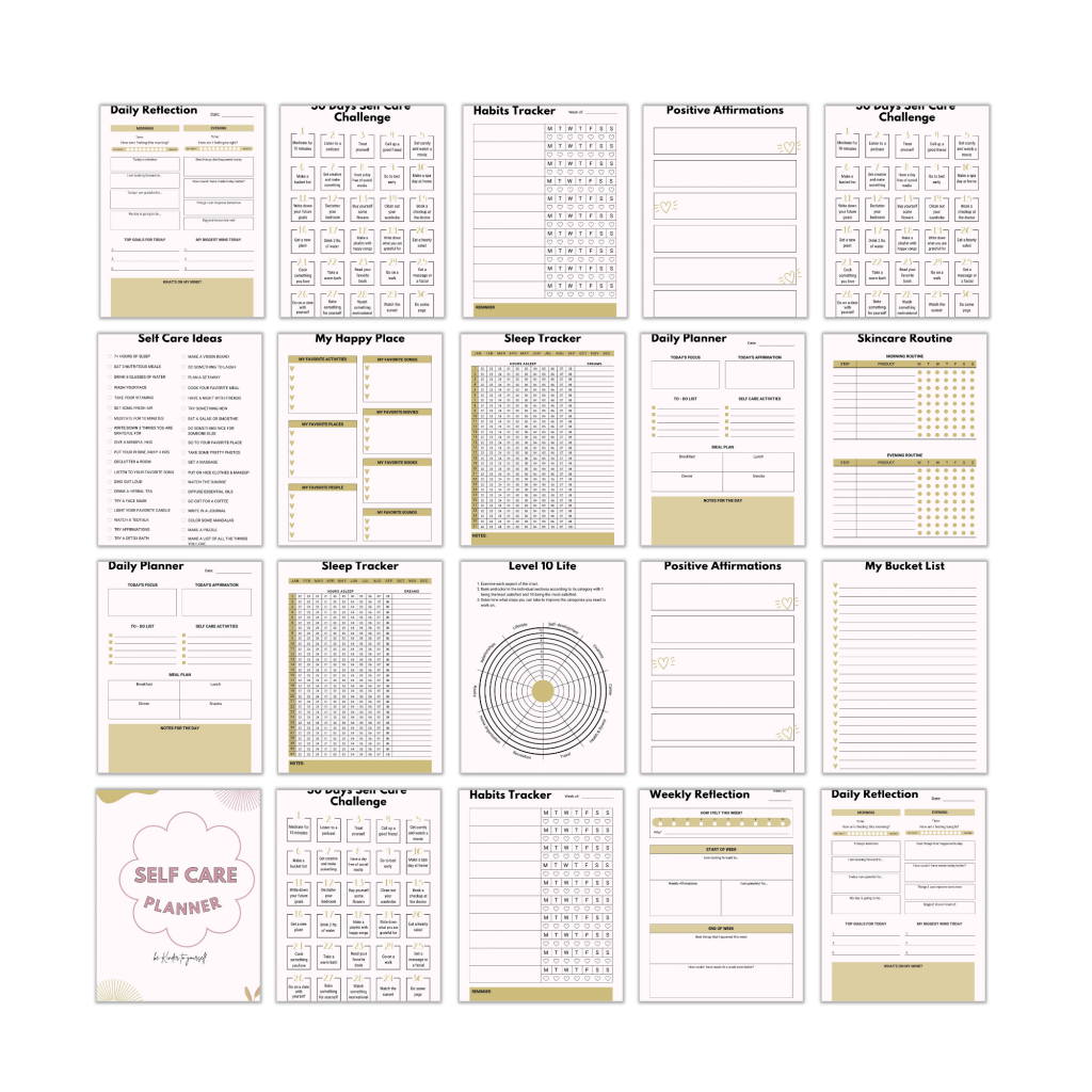 A grid of various self-care planner pages, including habit trackers, daily planners, positive affirmations, sleep trackers, skincare routines, a bucket list, and a cover labeled Self Care Planner in light pink and beige tones.